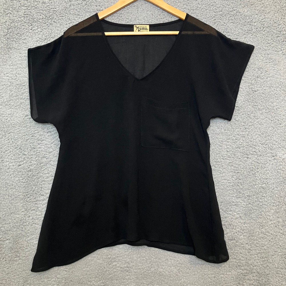 VTG Show Me Your Mumu Top Woman S Black V-Neck Short Sleeve Sheer Blouse USA